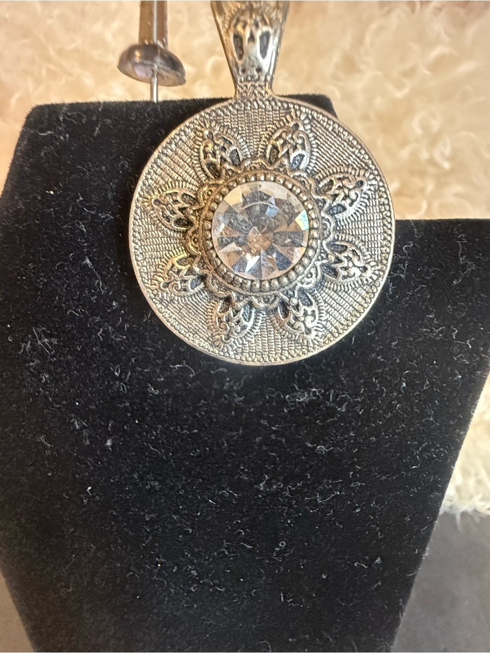 Silver-Tone Filigree Pendant Necklace with Clear Crystal